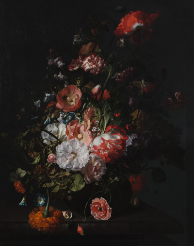 Pink, red, and white flowers arranged in an abundant bouquet in the center of a painting with a black background.