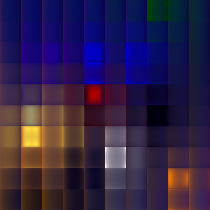 Small squares of different colors, seemingly illuminated from within, form irregular gradients.