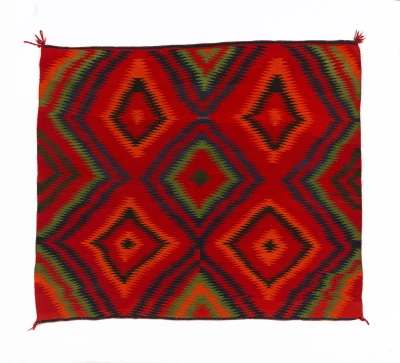 Navajo Nation, Eyedazzler Rug. Handspun warp and weft yarns, four-ply Germantown yarn in end cords, about 1890-1910. On Loan from the Crane American Indian Collection at the Denver Museum of Nature and Science, AC. 4634
