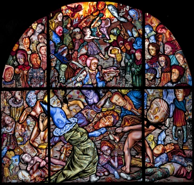 The Battle of Carnival and Lent, 2010-2011. Stained-glass panel, 56 x 56 in. Memorial Art Gallery of the University of Rochester, NY; Marion Stratton Gould Fund, Rosemary B.and James C. MacKenzie Fund, Joseph T. Simon Fund, R. T. Miller Fund and Bequest of Clara Trowbridge Wolfard by exchange, and funds from deaccessioning.