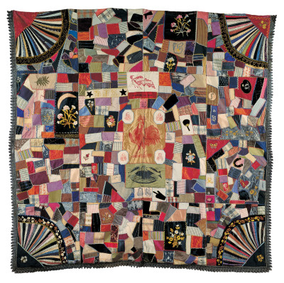 Quiltmaker unidentified, initialed J.F.R., Cleveland-Hendricks Crazy Quilt, 1885-1890. Lithographed silk ribbons, silk, and wool, with cotton fringe and silk and metallic embroidery, 75 x 77 in. The American Folk Art Museum, Gift of Margaret Cavigga, 1985.23.3.