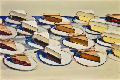 This is a painting featuring slices of pie on individual small plates.